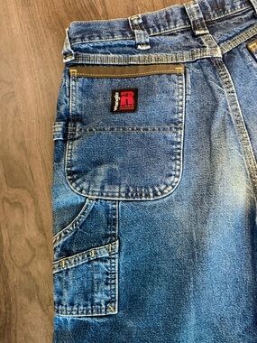 Y2K Wrangler Riggs Workwear Baggy Blue Denim Jeans Sewn Pocket Logo Design